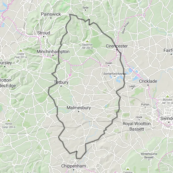 Map miniature of "Chippenham to Cirencester Adventure" cycling inspiration in Gloucestershire, Wiltshire and Bristol/Bath area, United Kingdom. Generated by Tarmacs.app cycling route planner