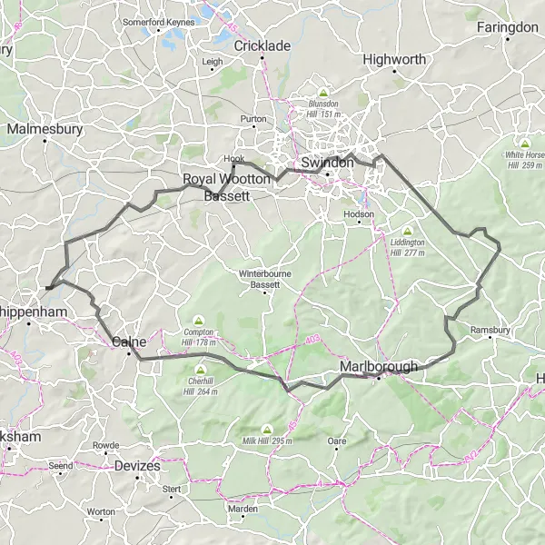 Map miniature of "Dauntsey to Calne Loop" cycling inspiration in Gloucestershire, Wiltshire and Bristol/Bath area, United Kingdom. Generated by Tarmacs.app cycling route planner