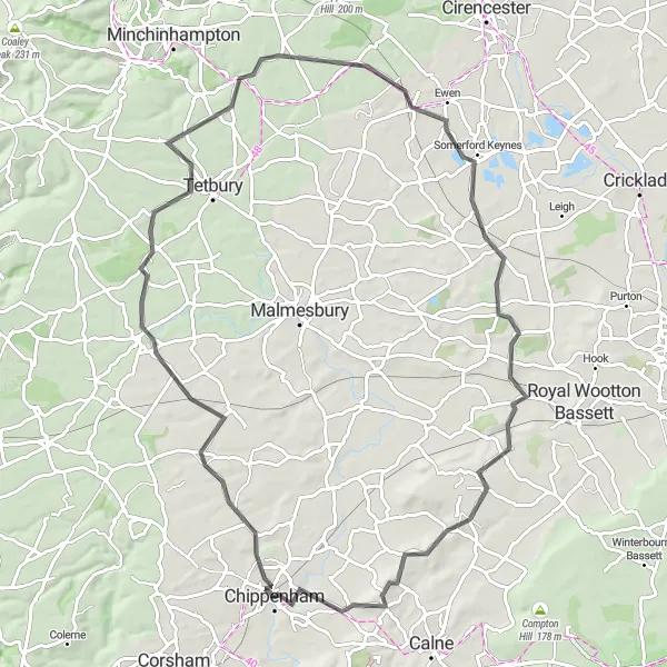 Map miniature of "Chippenham to Tetbury Road Loop" cycling inspiration in Gloucestershire, Wiltshire and Bristol/Bath area, United Kingdom. Generated by Tarmacs.app cycling route planner