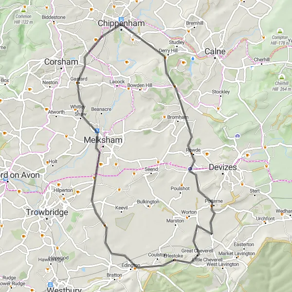 Map miniature of "Rowde to Melksham Adventure" cycling inspiration in Gloucestershire, Wiltshire and Bristol/Bath area, United Kingdom. Generated by Tarmacs.app cycling route planner