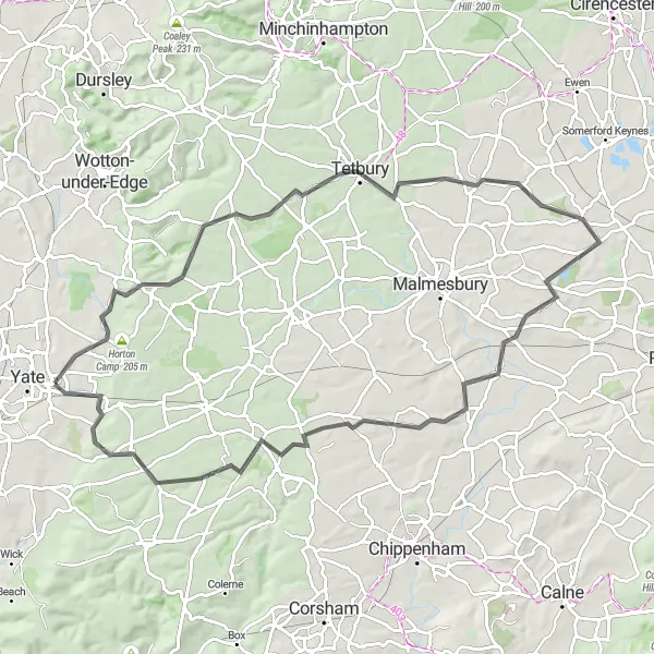 Map miniature of "Chipping Sodbury to Rat Hill Loop" cycling inspiration in Gloucestershire, Wiltshire and Bristol/Bath area, United Kingdom. Generated by Tarmacs.app cycling route planner