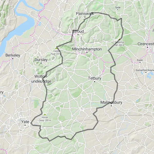 Map miniature of "Chipping Sodbury to Hullavington Loop" cycling inspiration in Gloucestershire, Wiltshire and Bristol/Bath area, United Kingdom. Generated by Tarmacs.app cycling route planner