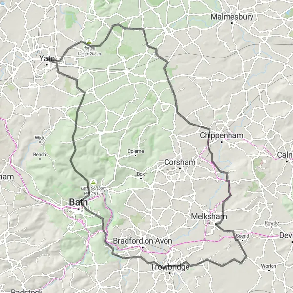 Map miniature of "Chipping Sodbury to Bath Loop" cycling inspiration in Gloucestershire, Wiltshire and Bristol/Bath area, United Kingdom. Generated by Tarmacs.app cycling route planner