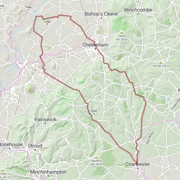 Map miniature of "Challenging Gravel Loop" cycling inspiration in Gloucestershire, Wiltshire and Bristol/Bath area, United Kingdom. Generated by Tarmacs.app cycling route planner