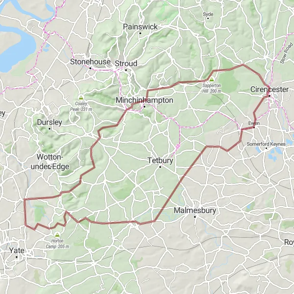 Map miniature of "Ultimate Gravel Challenge" cycling inspiration in Gloucestershire, Wiltshire and Bristol/Bath area, United Kingdom. Generated by Tarmacs.app cycling route planner