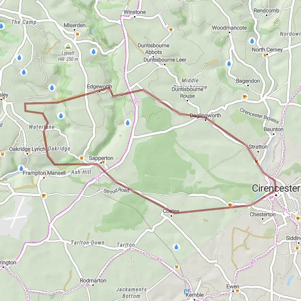 Map miniature of "Cirencester - Tetbury gravel adventure with Roman Amphitheatre" cycling inspiration in Gloucestershire, Wiltshire and Bristol/Bath area, United Kingdom. Generated by Tarmacs.app cycling route planner