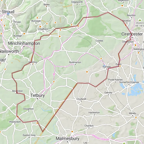 Map miniature of "Cirencester Gravel Adventure" cycling inspiration in Gloucestershire, Wiltshire and Bristol/Bath area, United Kingdom. Generated by Tarmacs.app cycling route planner