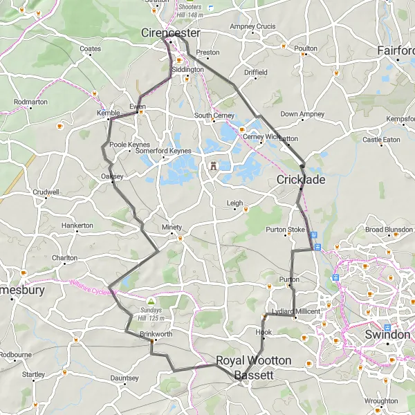 Map miniature of "Cirencester - Cricklade loop via Lydiard Millicent and Wood Hill" cycling inspiration in Gloucestershire, Wiltshire and Bristol/Bath area, United Kingdom. Generated by Tarmacs.app cycling route planner