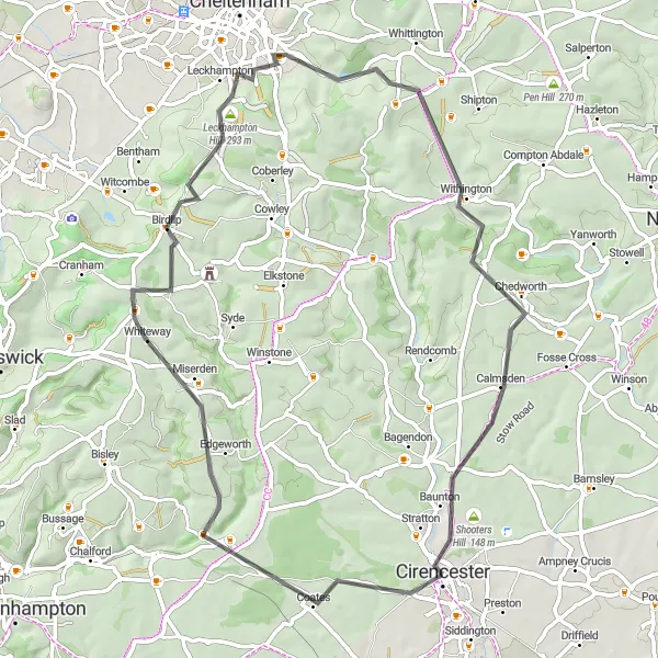Map miniature of "Cirencester Round-Trip" cycling inspiration in Gloucestershire, Wiltshire and Bristol/Bath area, United Kingdom. Generated by Tarmacs.app cycling route planner