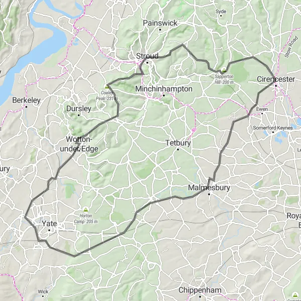 Map miniature of "Cirencester - Bristol loop via Malmesbury and Iron Acton" cycling inspiration in Gloucestershire, Wiltshire and Bristol/Bath area, United Kingdom. Generated by Tarmacs.app cycling route planner