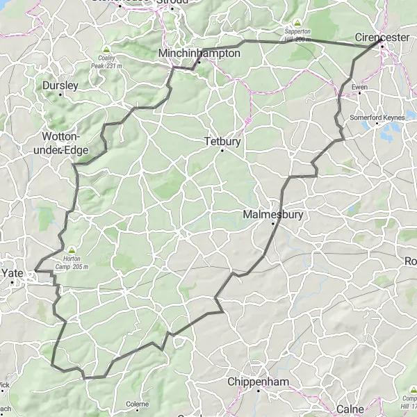 Map miniature of "Cirencester Epic Loop" cycling inspiration in Gloucestershire, Wiltshire and Bristol/Bath area, United Kingdom. Generated by Tarmacs.app cycling route planner