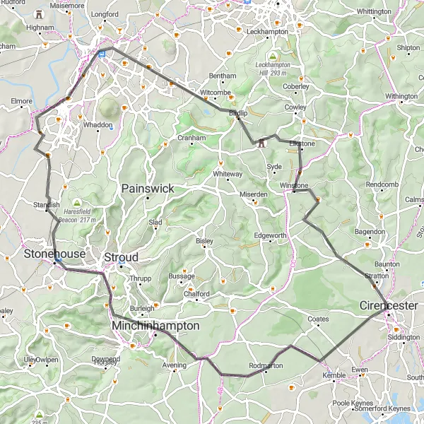 Map miniature of "Cirencester - Bath loop via Gloucester and Elkstone" cycling inspiration in Gloucestershire, Wiltshire and Bristol/Bath area, United Kingdom. Generated by Tarmacs.app cycling route planner
