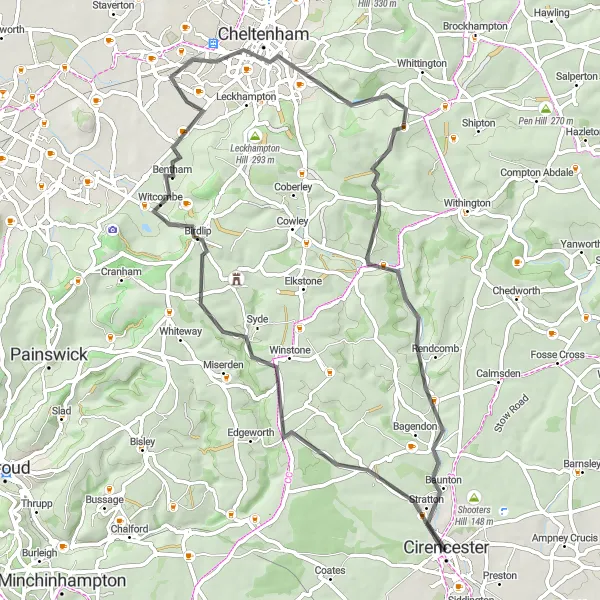 Map miniature of "Scenic Road Ride to Cheltenham" cycling inspiration in Gloucestershire, Wiltshire and Bristol/Bath area, United Kingdom. Generated by Tarmacs.app cycling route planner