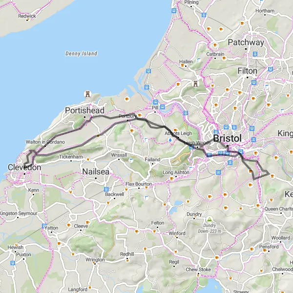 Map miniature of "The Coastal Climber" cycling inspiration in Gloucestershire, Wiltshire and Bristol/Bath area, United Kingdom. Generated by Tarmacs.app cycling route planner