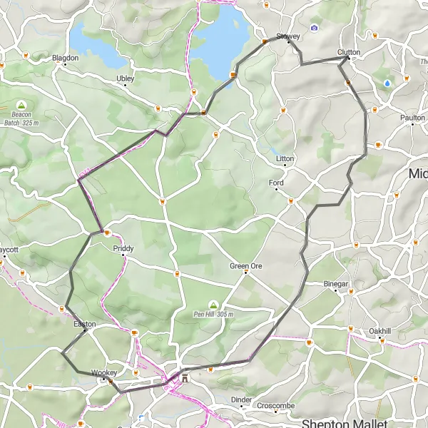 Map miniature of "Mendips Loop Road Cycling Route" cycling inspiration in Gloucestershire, Wiltshire and Bristol/Bath area, United Kingdom. Generated by Tarmacs.app cycling route planner