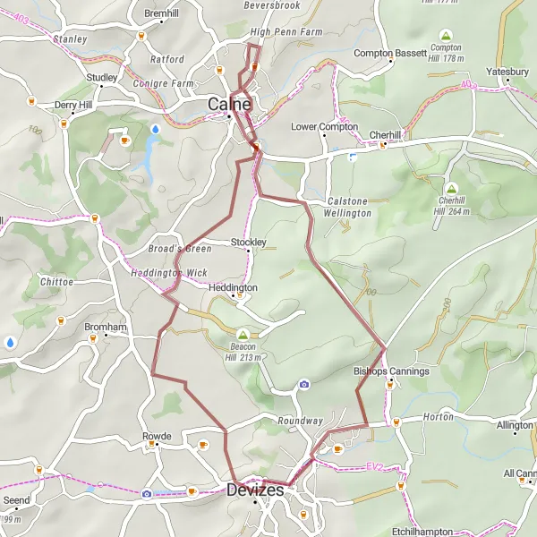 Map miniature of "Devizes Short Gravel Route" cycling inspiration in Gloucestershire, Wiltshire and Bristol/Bath area, United Kingdom. Generated by Tarmacs.app cycling route planner