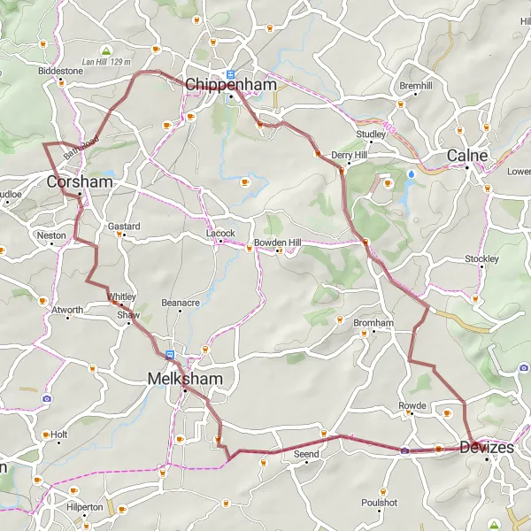 Map miniature of "Devizes Gravel Adventure" cycling inspiration in Gloucestershire, Wiltshire and Bristol/Bath area, United Kingdom. Generated by Tarmacs.app cycling route planner