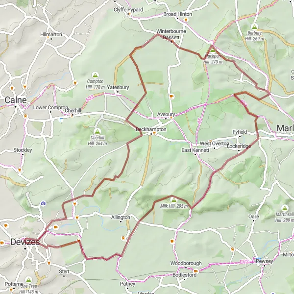 Map miniature of "Devizes Gravel Adventure" cycling inspiration in Gloucestershire, Wiltshire and Bristol/Bath area, United Kingdom. Generated by Tarmacs.app cycling route planner