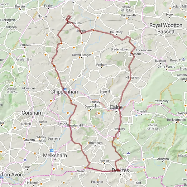 Map miniature of "Scenic Gravel Loop from Devizes" cycling inspiration in Gloucestershire, Wiltshire and Bristol/Bath area, United Kingdom. Generated by Tarmacs.app cycling route planner