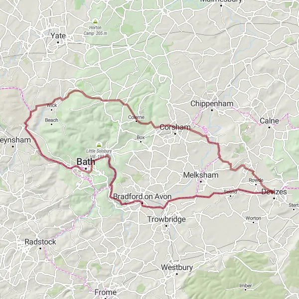 Map miniature of "Canal and Countryside Gravel Ride" cycling inspiration in Gloucestershire, Wiltshire and Bristol/Bath area, United Kingdom. Generated by Tarmacs.app cycling route planner