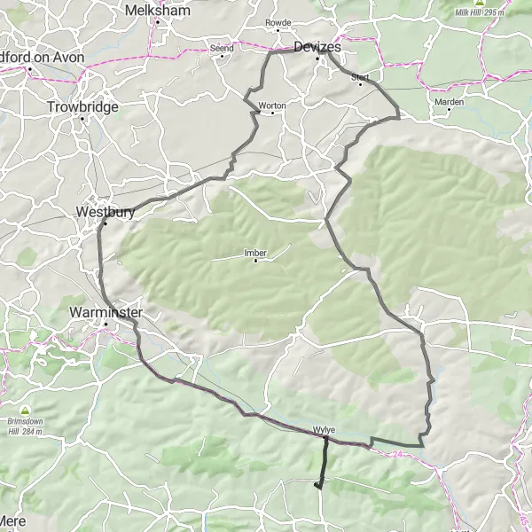 Map miniature of "Devizes and Surroundings Road Cycling Route" cycling inspiration in Gloucestershire, Wiltshire and Bristol/Bath area, United Kingdom. Generated by Tarmacs.app cycling route planner