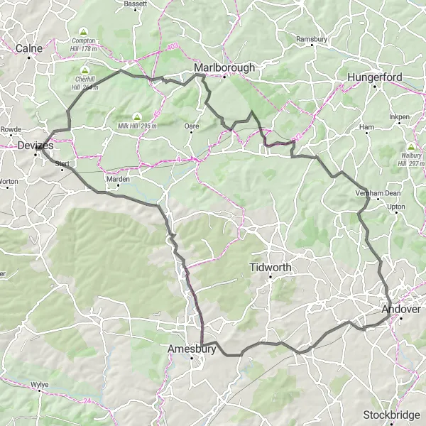 Map miniature of "Devizes to Tangley Epic Road Cycling Route" cycling inspiration in Gloucestershire, Wiltshire and Bristol/Bath area, United Kingdom. Generated by Tarmacs.app cycling route planner