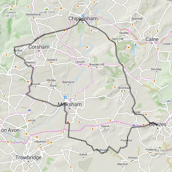 Map miniature of "Discovering Western Wiltshire by Road" cycling inspiration in Gloucestershire, Wiltshire and Bristol/Bath area, United Kingdom. Generated by Tarmacs.app cycling route planner