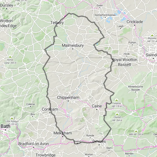 Map miniature of "Devizes to Tetbury Road Cycling Adventure" cycling inspiration in Gloucestershire, Wiltshire and Bristol/Bath area, United Kingdom. Generated by Tarmacs.app cycling route planner