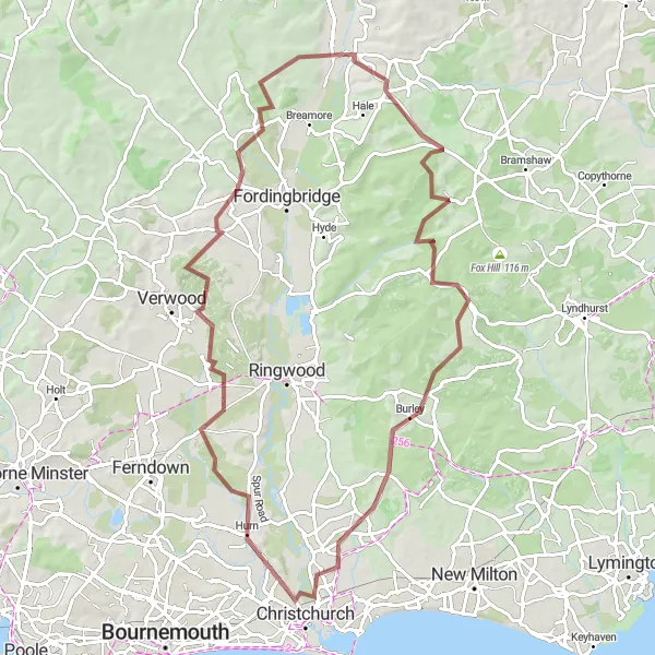 Map miniature of "The Epic Hampshire Gravel Challenge" cycling inspiration in Gloucestershire, Wiltshire and Bristol/Bath area, United Kingdom. Generated by Tarmacs.app cycling route planner