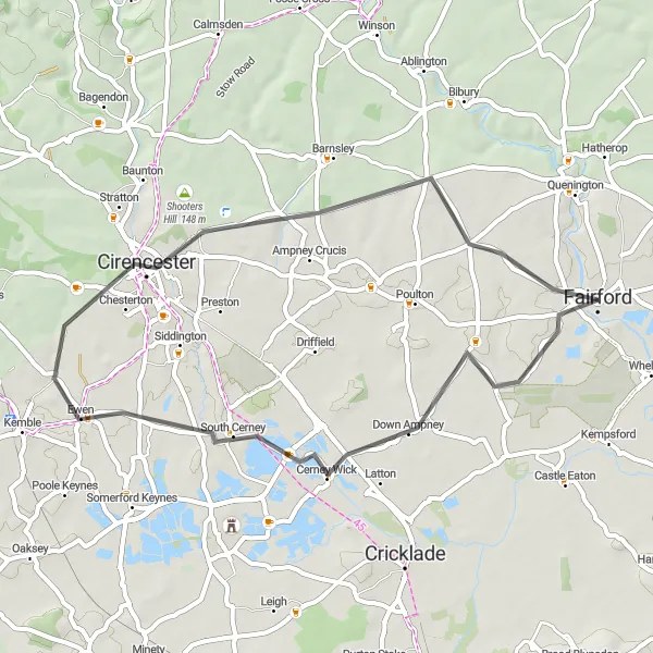 Map miniature of "The Fairford Countryside Tour" cycling inspiration in Gloucestershire, Wiltshire and Bristol/Bath area, United Kingdom. Generated by Tarmacs.app cycling route planner