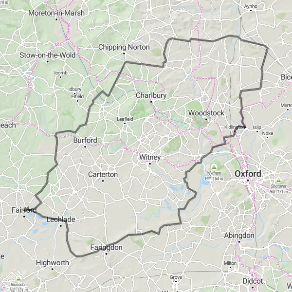 Map miniature of "Fairford to Lechlade Loop" cycling inspiration in Gloucestershire, Wiltshire and Bristol/Bath area, United Kingdom. Generated by Tarmacs.app cycling route planner