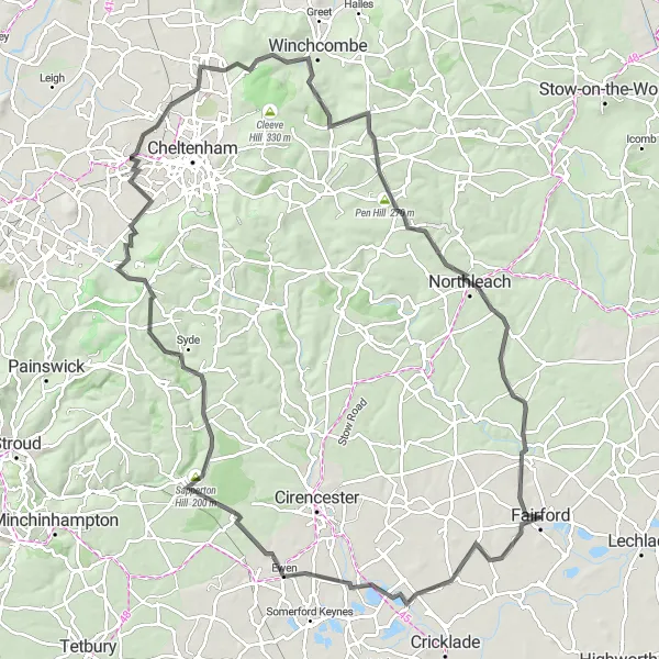 Map miniature of "The Fairford Adventure" cycling inspiration in Gloucestershire, Wiltshire and Bristol/Bath area, United Kingdom. Generated by Tarmacs.app cycling route planner
