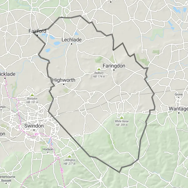 Map miniature of "Fairford to Bristol and Bath" cycling inspiration in Gloucestershire, Wiltshire and Bristol/Bath area, United Kingdom. Generated by Tarmacs.app cycling route planner