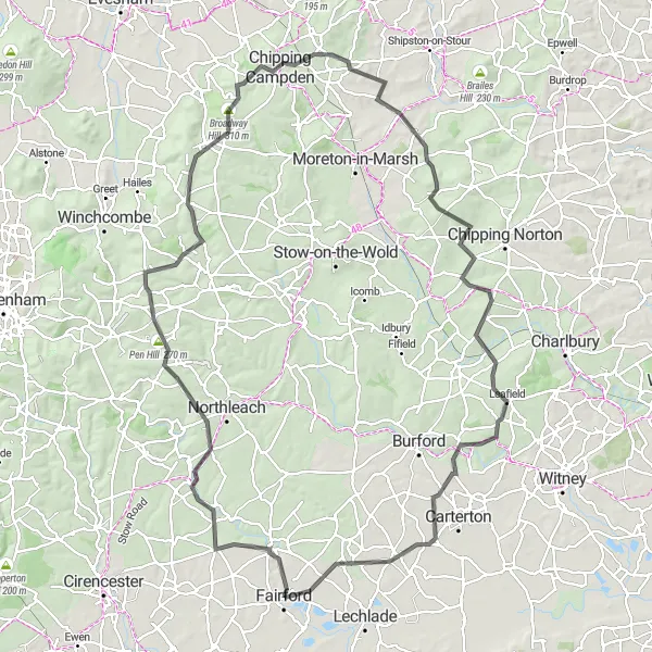 Map miniature of "The Cotswold Challenge" cycling inspiration in Gloucestershire, Wiltshire and Bristol/Bath area, United Kingdom. Generated by Tarmacs.app cycling route planner