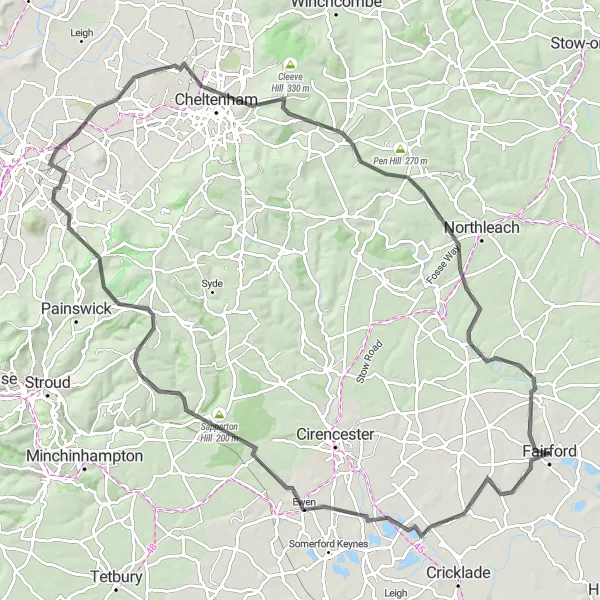Map miniature of "Fairford to Bibury Loop" cycling inspiration in Gloucestershire, Wiltshire and Bristol/Bath area, United Kingdom. Generated by Tarmacs.app cycling route planner