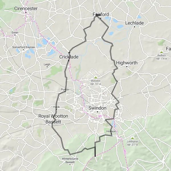 Map miniature of "Fairford to Marlborough Loop" cycling inspiration in Gloucestershire, Wiltshire and Bristol/Bath area, United Kingdom. Generated by Tarmacs.app cycling route planner