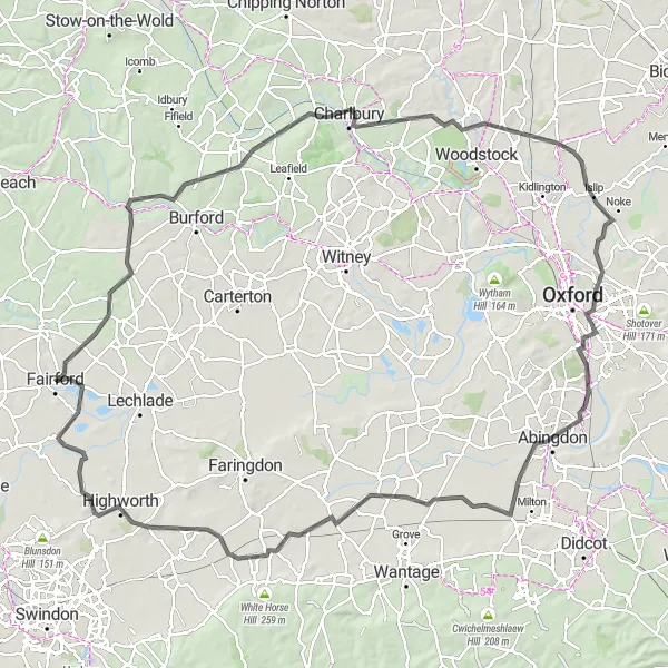 Map miniature of "Fairford to Bristol and Bath (Extended)" cycling inspiration in Gloucestershire, Wiltshire and Bristol/Bath area, United Kingdom. Generated by Tarmacs.app cycling route planner