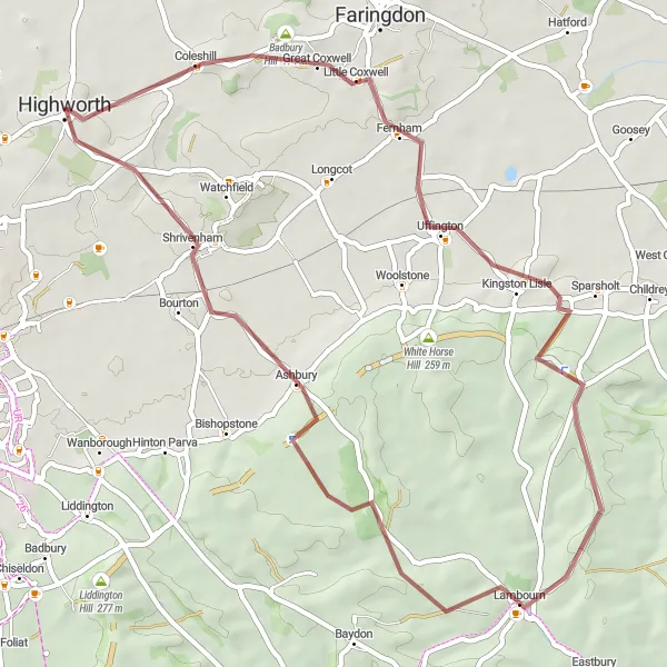 Map miniature of "Uffington Gravel Adventure" cycling inspiration in Gloucestershire, Wiltshire and Bristol/Bath area, United Kingdom. Generated by Tarmacs.app cycling route planner