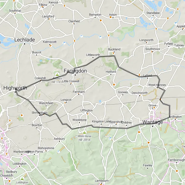 Map miniature of "Picturesque Cotswold Road Escape" cycling inspiration in Gloucestershire, Wiltshire and Bristol/Bath area, United Kingdom. Generated by Tarmacs.app cycling route planner