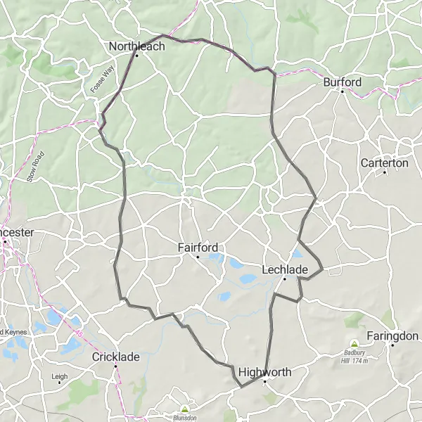 Map miniature of "The Highworth Ride" cycling inspiration in Gloucestershire, Wiltshire and Bristol/Bath area, United Kingdom. Generated by Tarmacs.app cycling route planner