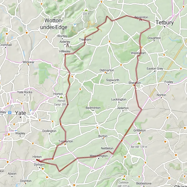 Map miniature of "Gravel Adventure Ride" cycling inspiration in Gloucestershire, Wiltshire and Bristol/Bath area, United Kingdom. Generated by Tarmacs.app cycling route planner