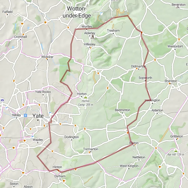 Map miniature of "Picturesque Gravel Route" cycling inspiration in Gloucestershire, Wiltshire and Bristol/Bath area, United Kingdom. Generated by Tarmacs.app cycling route planner