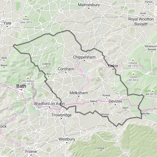Map miniature of "Scenic Countryside Road Trip" cycling inspiration in Gloucestershire, Wiltshire and Bristol/Bath area, United Kingdom. Generated by Tarmacs.app cycling route planner