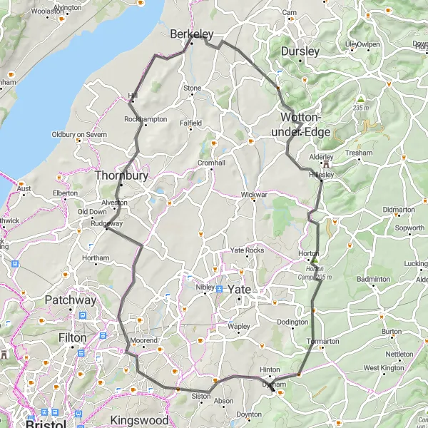 Map miniature of "Circular Route from Hinton" cycling inspiration in Gloucestershire, Wiltshire and Bristol/Bath area, United Kingdom. Generated by Tarmacs.app cycling route planner