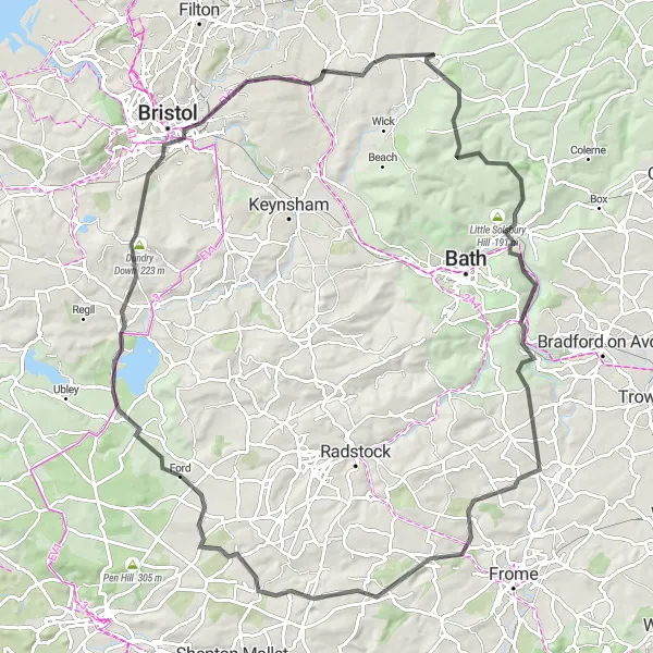 Map miniature of "Challenging Road Route" cycling inspiration in Gloucestershire, Wiltshire and Bristol/Bath area, United Kingdom. Generated by Tarmacs.app cycling route planner