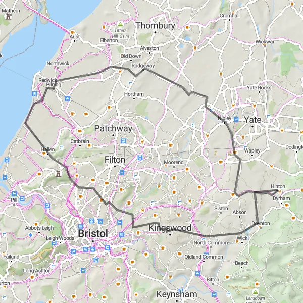 Map miniature of "Scenic Road Loop" cycling inspiration in Gloucestershire, Wiltshire and Bristol/Bath area, United Kingdom. Generated by Tarmacs.app cycling route planner