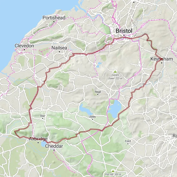 Map miniature of "Keynsham to Bristol and Back" cycling inspiration in Gloucestershire, Wiltshire and Bristol/Bath area, United Kingdom. Generated by Tarmacs.app cycling route planner