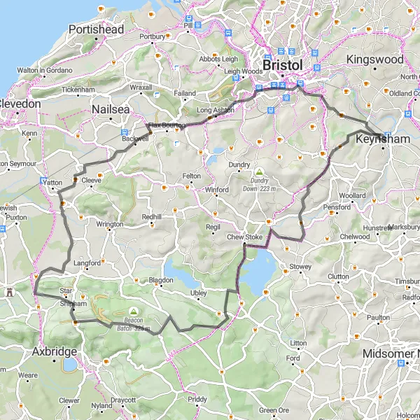 Map miniature of "Chew Stoke to Brislington Loop" cycling inspiration in Gloucestershire, Wiltshire and Bristol/Bath area, United Kingdom. Generated by Tarmacs.app cycling route planner