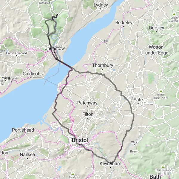 Map miniature of "The Bristol to Chepstow Adventure" cycling inspiration in Gloucestershire, Wiltshire and Bristol/Bath area, United Kingdom. Generated by Tarmacs.app cycling route planner