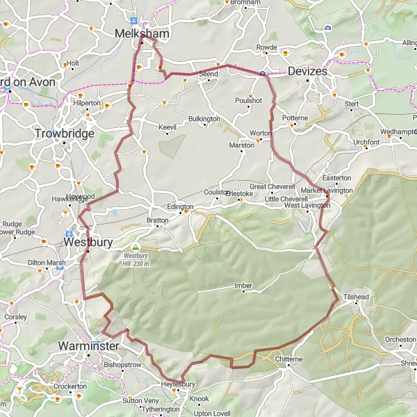 Map miniature of "Melksham to Westbury White Horse" cycling inspiration in Gloucestershire, Wiltshire and Bristol/Bath area, United Kingdom. Generated by Tarmacs.app cycling route planner